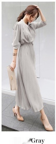 Women's Chiffon Long Sleeve Pleated Dress