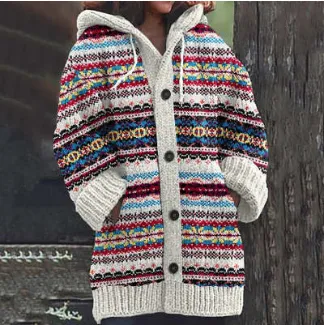 3D Printed Autumn Winter Coat Thickened Hooded Cardigan Sweater Stripes - Shop at LoveMi