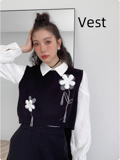 Detachable Three dimensional Flower Black Knitted Vest Skirt Suit Black - Shop at LoveMi