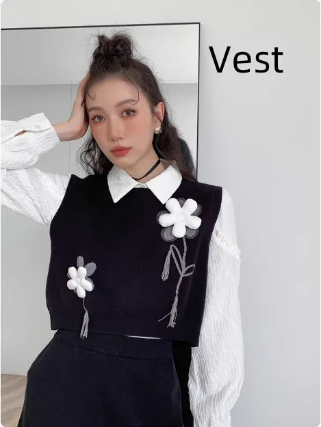 Detachable Three dimensional Flower Black Knitted Vest Skirt Suit Vest - Shop at LoveMi