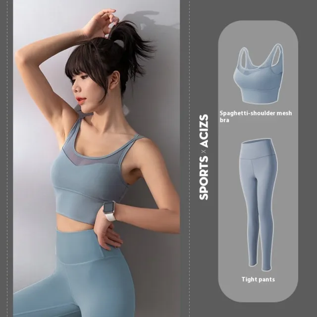 High Waist And Hip Lifting Exercise Fitness Suit For Women Grey Lake Blue Two Piece Set - Shop at LoveMi