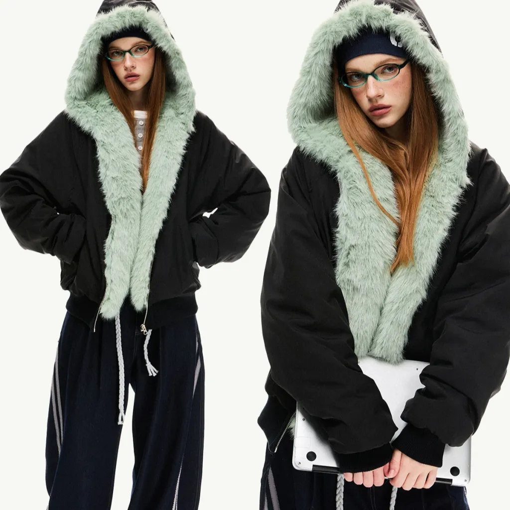 Women's Loose Fleece-lined Warm Parka Cotton Jacket Top - Black