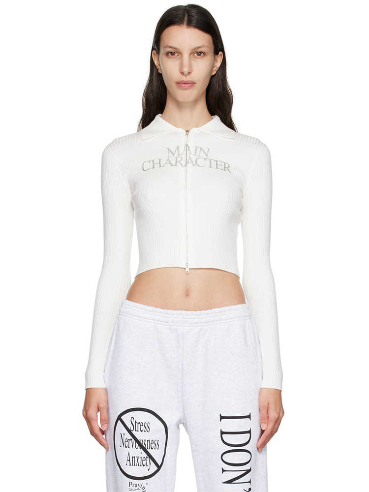 White With Printed Pattern Knitted Double Zipper Jacket