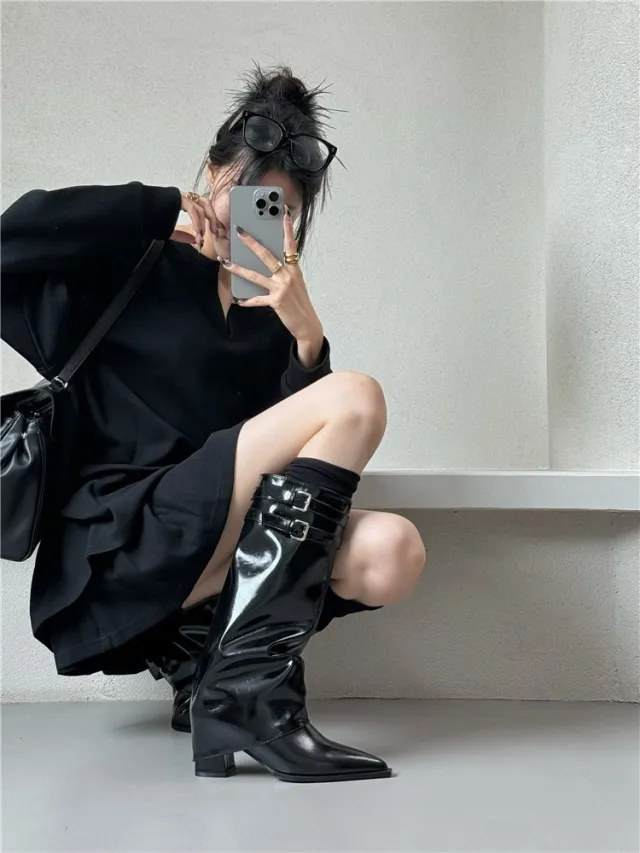 Niche Pointed Toe Chunky Heel Belt Buckle Below The Knee Long Canister Boots Black - Shop at LoveMi