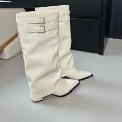 Niche Pointed Toe Chunky Heel Belt Buckle Below The Knee Long Canister Boots - Apricot - View 1