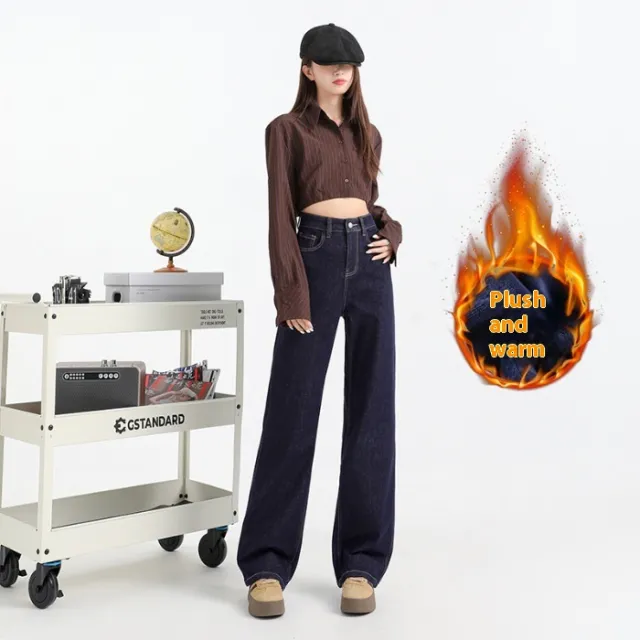Fleece lined Thickened Straight Jeans For Women Blue Plus Velvet Lengthened - Shop at LoveMi