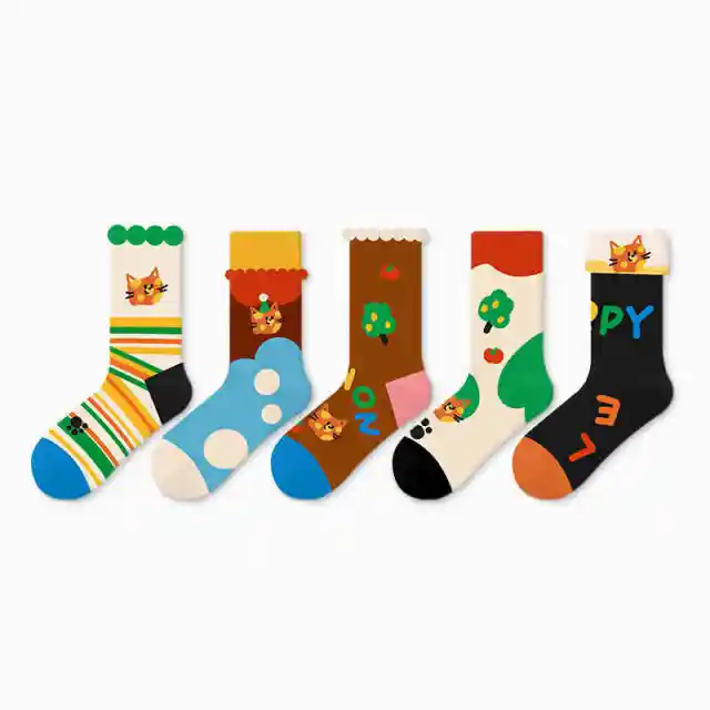 Cartoon Design Sense Spring And Autumn Stocking Cotton Orange Cat Candy 5Pcs - Shop at LoveMi