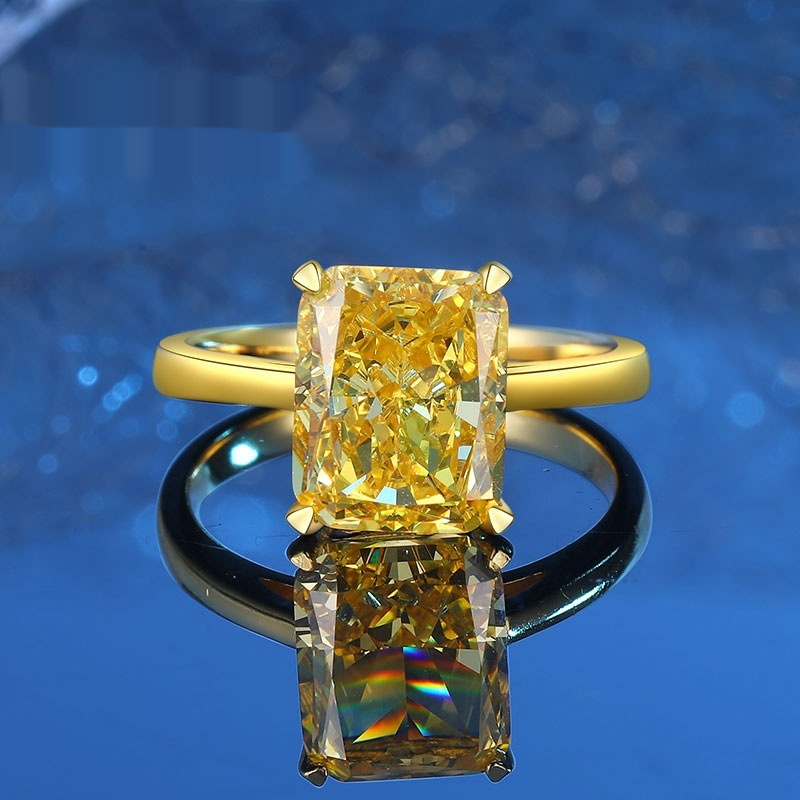Classic Princess Square Ice Flower Cut Yellow Diamond Ring S925 Sterling Silver