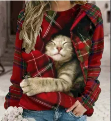 Women's Christmas Printed Round Neck Long Sleeve T-shirt - Red
