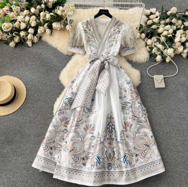 Women's Printed Tie Waist Long Dress