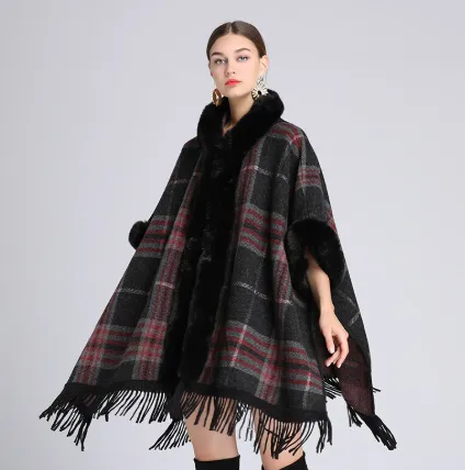 Loose Plaid Plus Cashmere Fur Collar Knitted Inverness Black Plaid - Shop at LoveMi