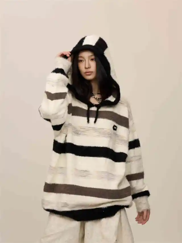 Idle Style Striped Hooded Sweater For Women Black And White Stripes - Shop at LoveMi