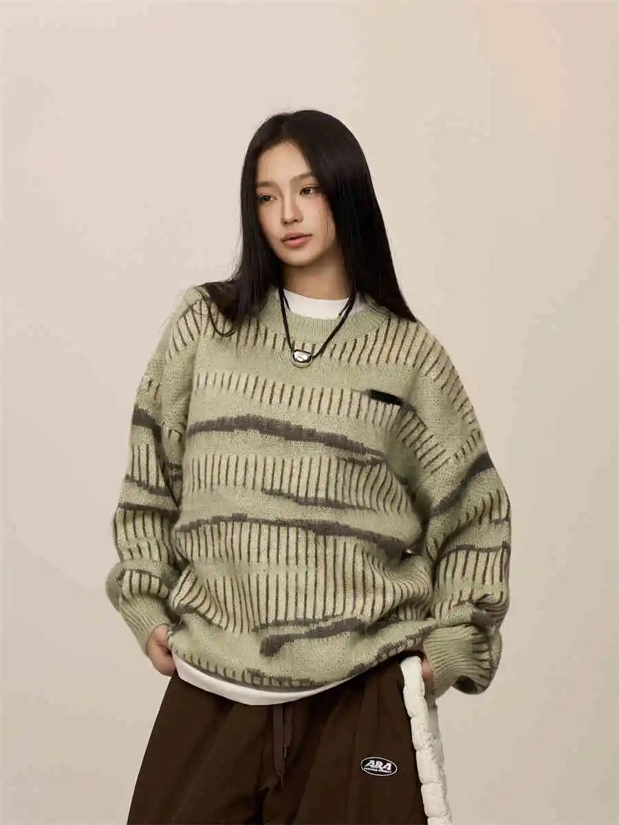 Striped Contrast Color Haima Wool Sweater For Women - Green