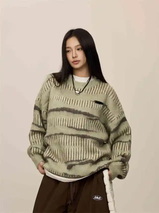 Striped Contrast Color Haima Wool Sweater For Women Green - Shop at LoveMi