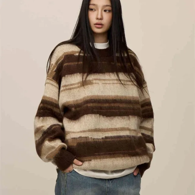 Retro Hip Hop Black And White Striped Sweater For Women Brown - Shop at LoveMi