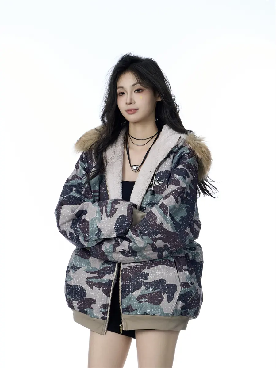 American Vintage Army Green Camouflage Fur Collar Hood Jacket