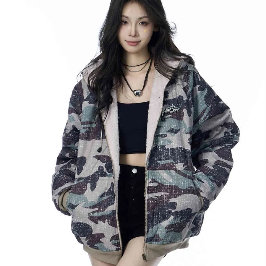 American Vintage Army Green Camouflage Fur Collar Hood Jacket - Camouflage