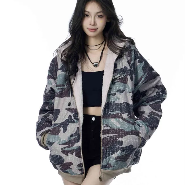 American Vintage Army Green Camouflage Fur Collar Hood Jacket Camouflage - Shop at LoveMi