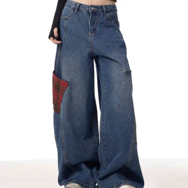 Women's Patchwork Jeans Loose Wide Leg Blue - Shop at LoveMi