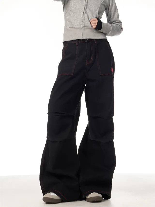 Contrasting Color Of Black And Red Workwear With Pocket Trousers Black - Shop at LoveMi