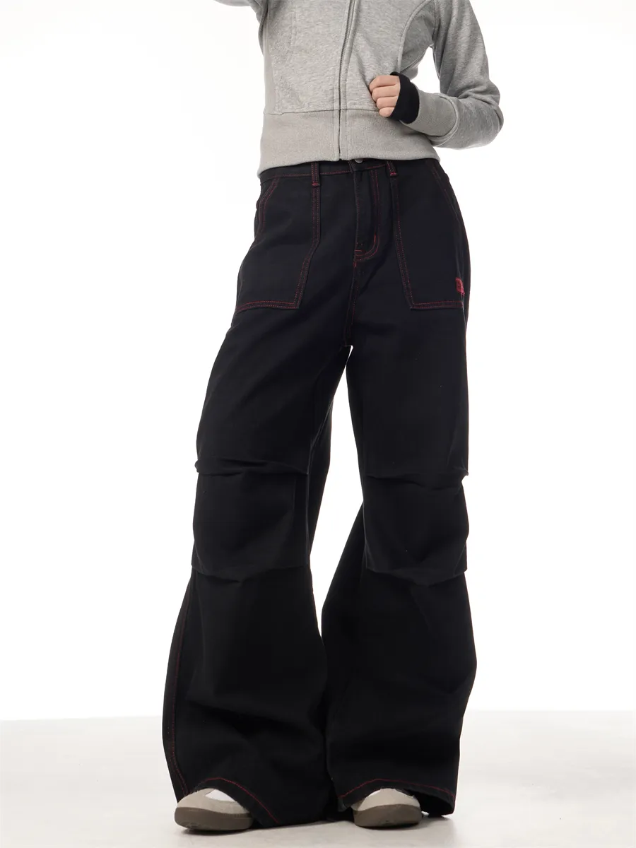 Contrasting Color Of Black And Red Workwear With Pocket Trousers - Black