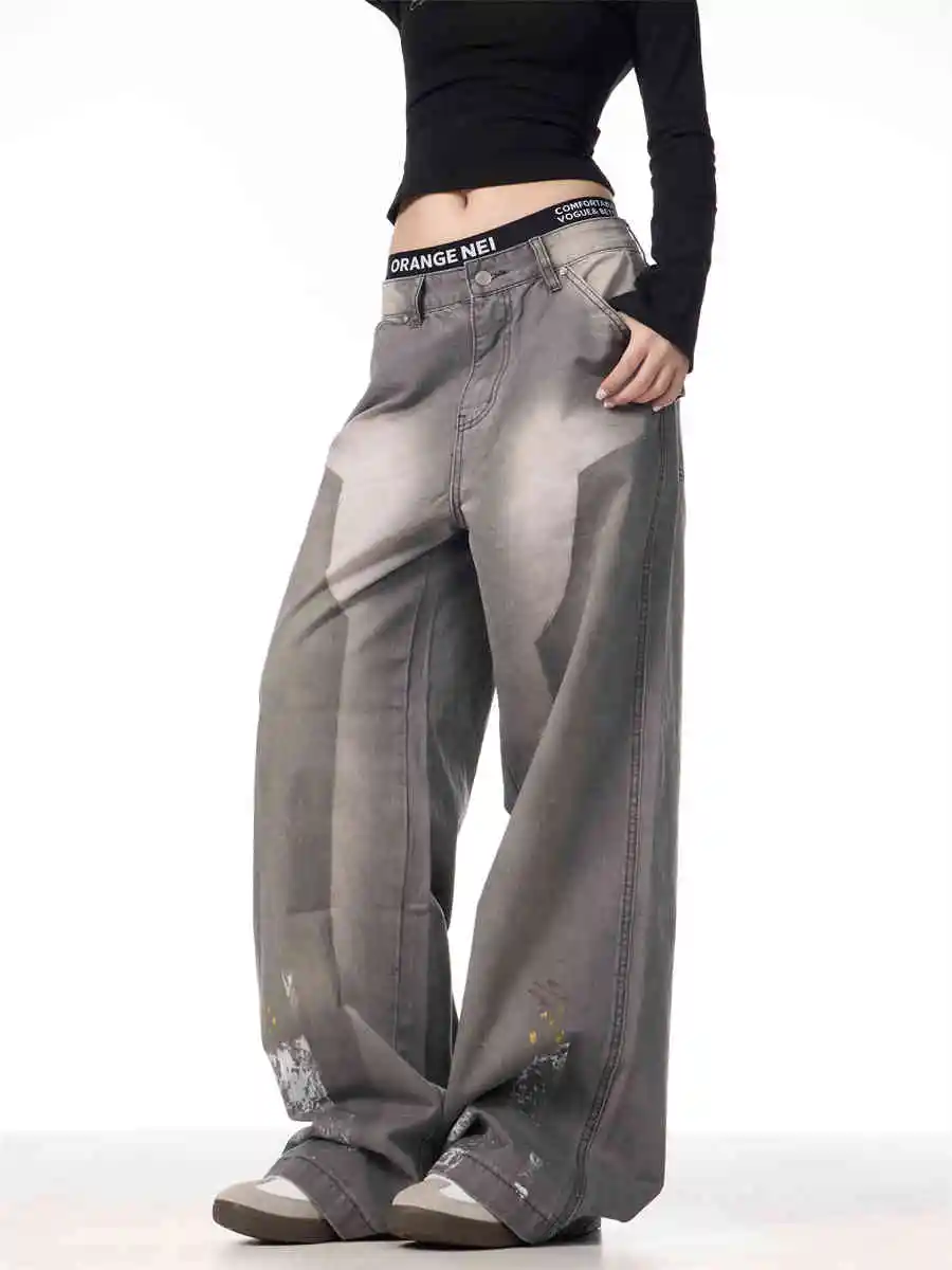 American Retro Washed Splash Ink Straight Cargo Pants - Gray