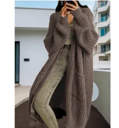 Lazy Shoulders Thick Long Sweater Coat Women - Dark Brown - View 1