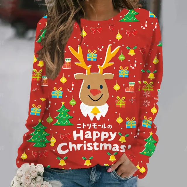 New Women's Long Sleeve Digital 3D Printing Cartoon Elk Round Neck Loose Sweatshirt Rhr1Gm2307126 2Xl - Shop at LoveMi