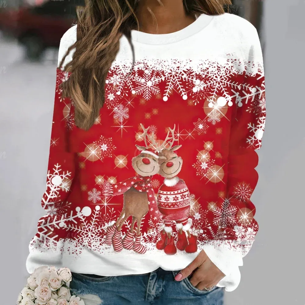 New Women's Long Sleeve Digital 3D Printing Cartoon Elk Round Neck Loose Sweatshirt - Rhr1Gm2307124-2Xl