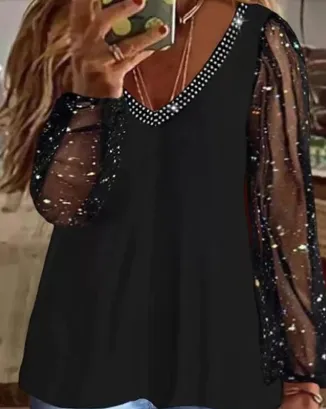 Pure Sequined Top Pleated Long Sleeve V neck Casual Black - Shop at LoveMi