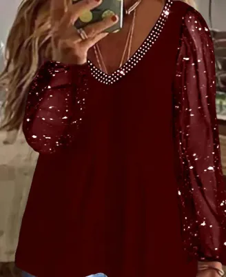 Pure Sequined Top Pleated Long Sleeve V-neck Casual - Red