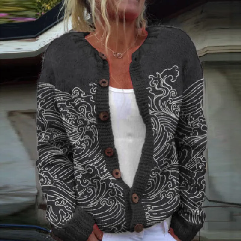 Female Digital Printing Cardigan Knitted Coat - Kshd275-3Xl