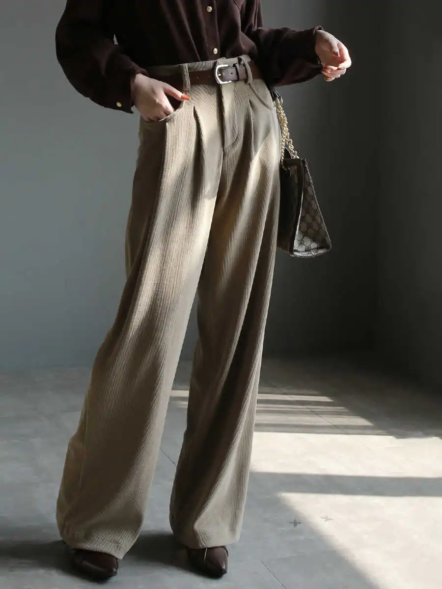 Corduroy Draping All-match Wide Leg Pants High Waist Straight Casual - Coffee