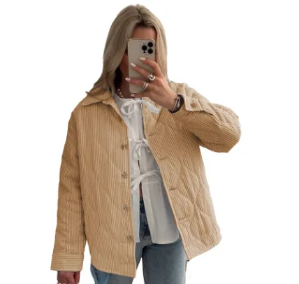 Casual Stripes Compressed Cotton Loose Versatile Coat Khaki - Shop at LoveMi