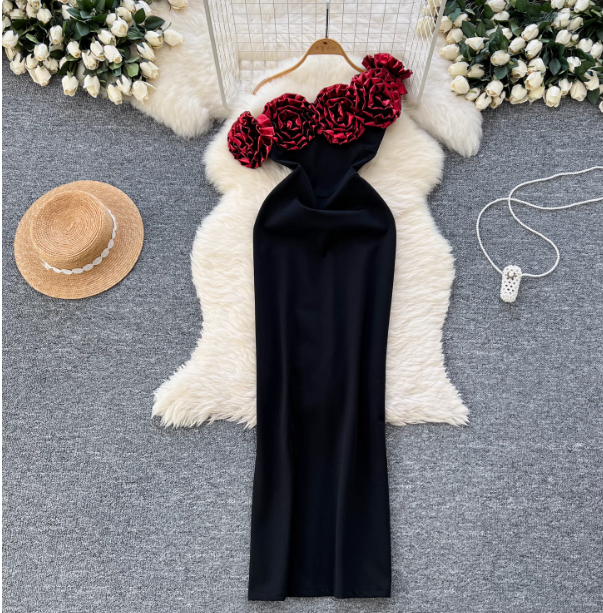 Women's Three-dimensional Flower Off-shoulder Slim Dress