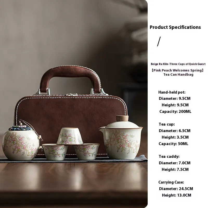 Beige Ru Kiln Ceramics Travel Kung Fu Tea Set Suit - Three Cups Of Tea Can Handbag