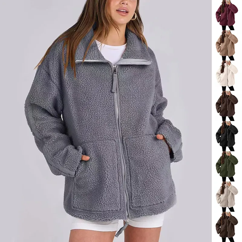 Winter Lapel Zip-up Coat with Pockets Casual Fashion Solid