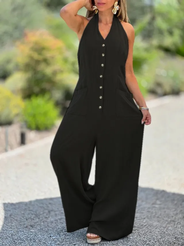European And American Solid Color Jumpsuit Backless Sleeveless Loose Cotton Linen Black - Shop at LoveMi
