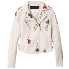 Embroidered studded leather jacket - Beige - View 1