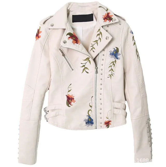 Embroidered studded leather jacket Beige - Shop at LoveMi