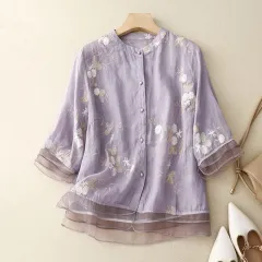 Vintage Shirt Women's Artistic Yarn Embroidery - Purple - View 1