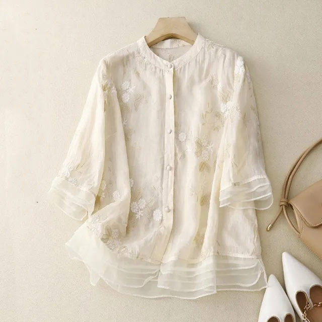 Vintage Shirt Women's Artistic Yarn Embroidery Beige - Shop at LoveMi