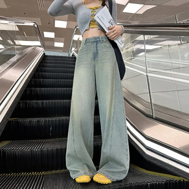 Women's American style Retro High Street Wide leg Jeans Light Blue Trousers - Shop at LoveMi