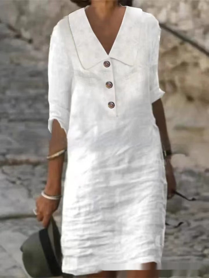 Solid Color Women's Cotton And Linen Buttons Casual V-neck Dress