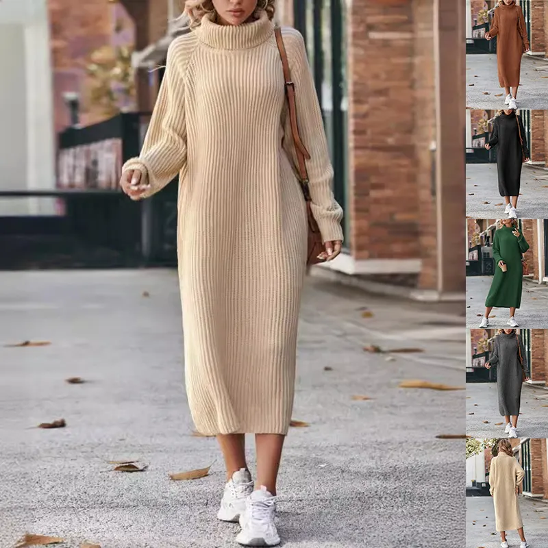 Winter Turtleneck Knitted Sweater Dress Fashion Solid Loose Pullover