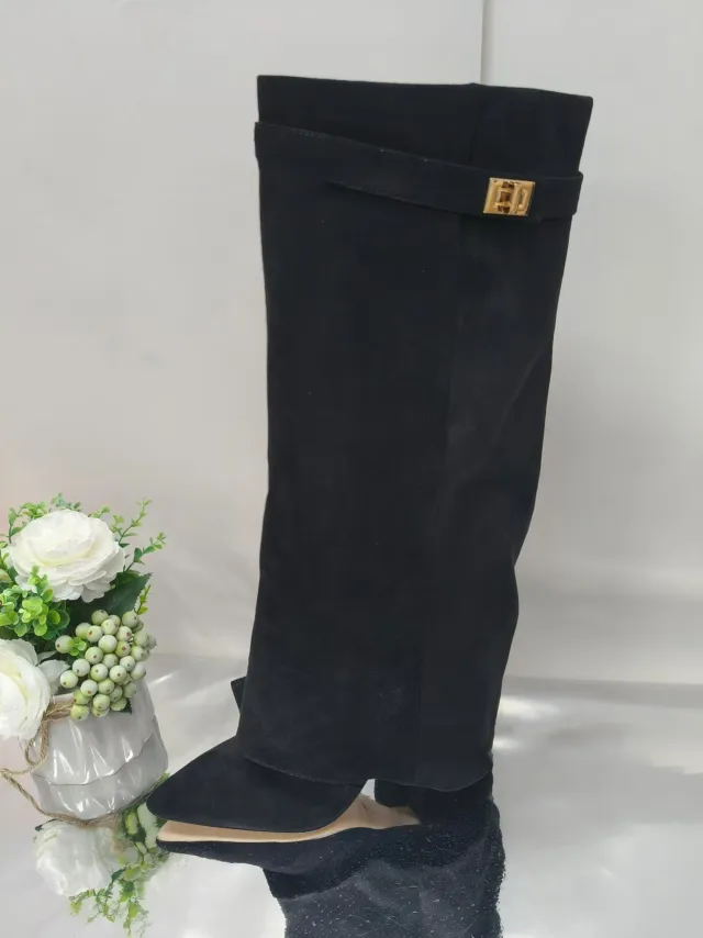 Ins Pant tube Boots Pointed Toe Chunky Heel Shoes WInter Knight Mid calf Dress Boot For Women Black - Shop at LoveMi