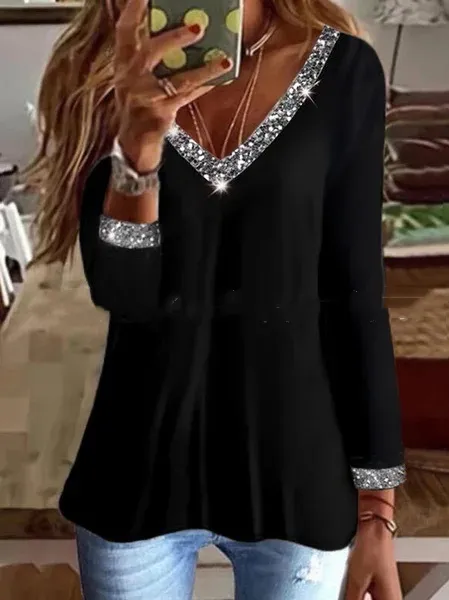 European And American New Elegant Elegant V neck Women's Long sleeved T shirt Black - Shop at LoveMi