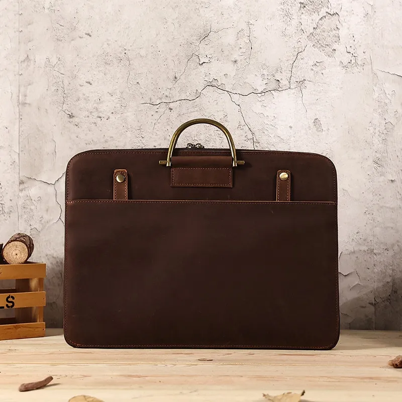 Crazy Horse Leather Men's Business Handbag Genuine Leather Computer Bag - Brown