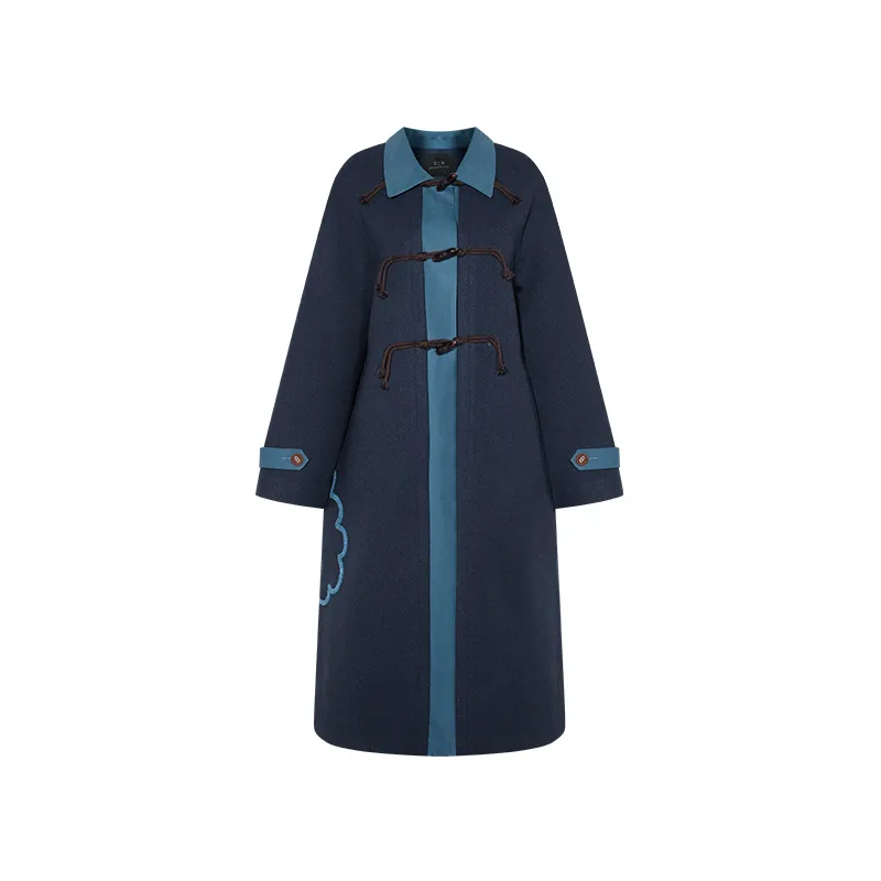 Flower Towel Embroidery Color Matching Horn Button Coat - Dark Blue