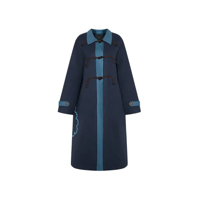 Flower Towel Embroidery Color Matching Horn Button Coat Dark Blue - Shop at LoveMi
